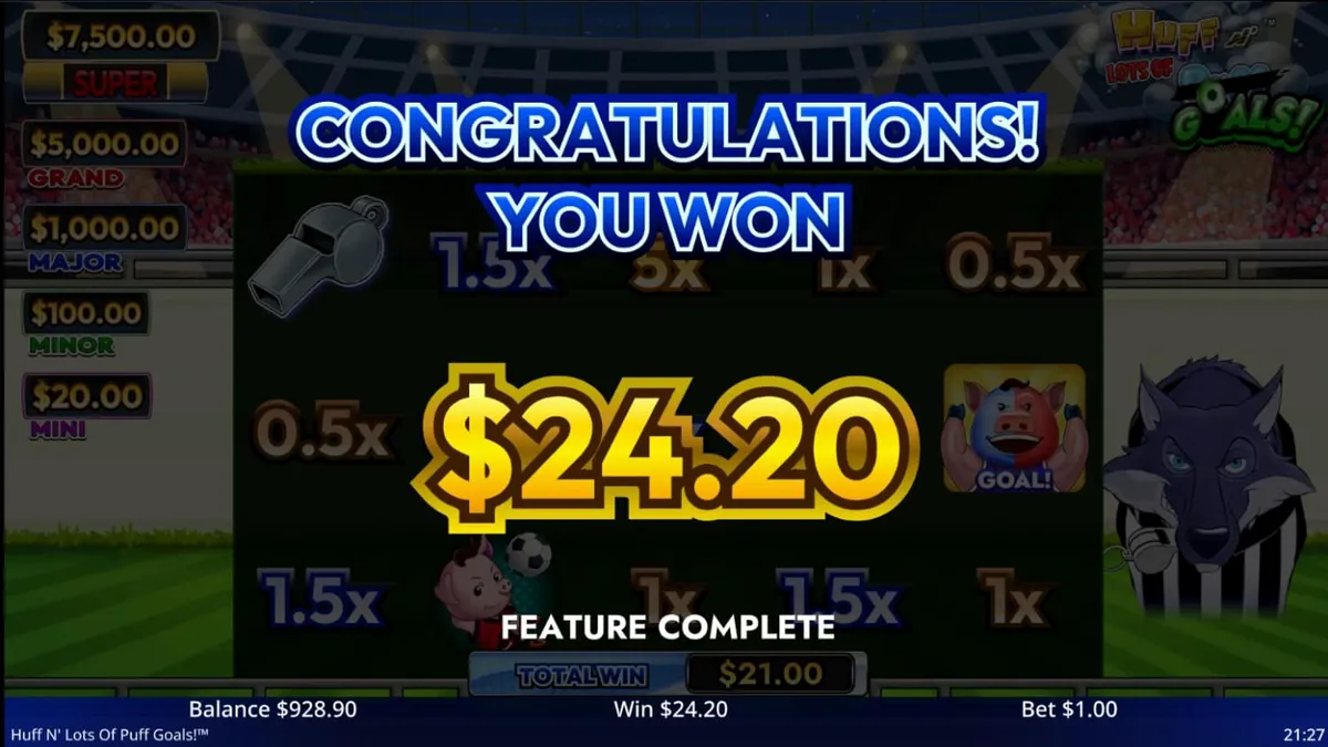 Interface do slot Huff N' Lots of Goals em um dispositivo móvel