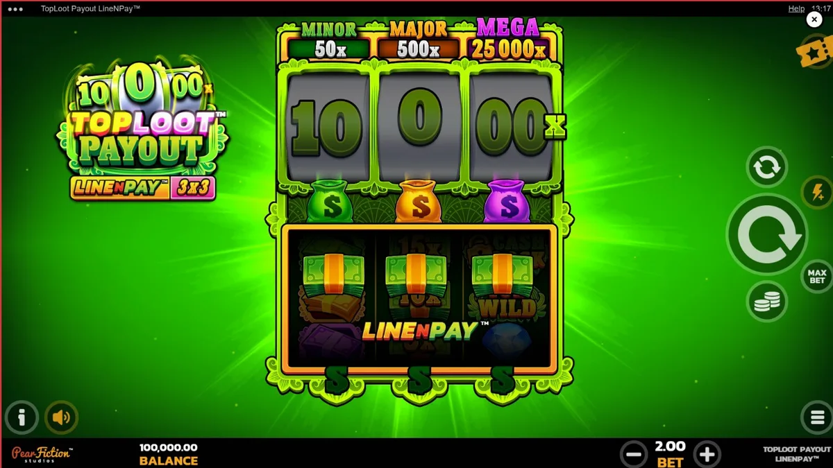 Interface do slot TopLoot Payout LineNPay com símbolos de tesouro e grade 3x3
