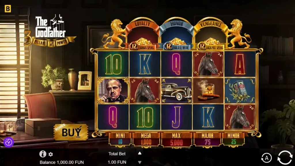 The Godfather: 3 Pillars of Power slot com elementos de cassino e atmosfera de máfia