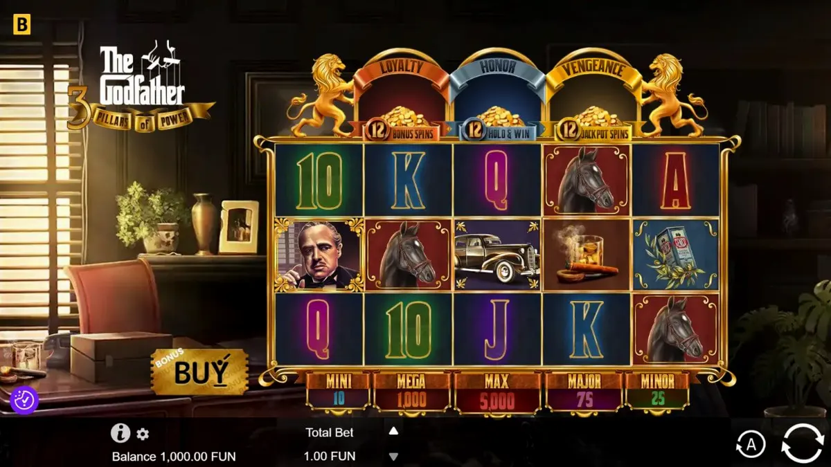 The Godfather: 3 Pillars of Power slot com elementos de cassino e atmosfera de máfia